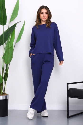 Lacivert Yanları Taş Detaylı Modal Takım