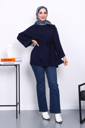 Lacivert Yanları Yırtmaçlı Bel İpli Tunik