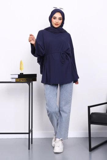 Lacivert Yanları Yırtmaçlı Bel İpli Tunik