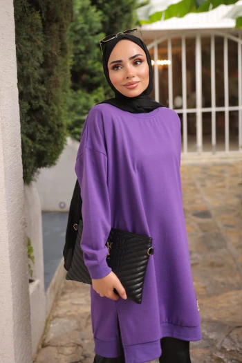 Mor Bisiklet Yaka Armalı Tunik