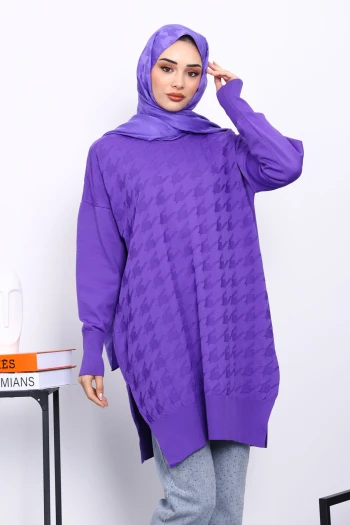 Mor Kazayağı Desenli Soğuk İplik Triko Tunik