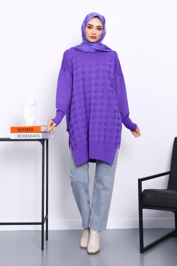 Mor Kazayağı Desenli Soğuk İplik Triko Tunik