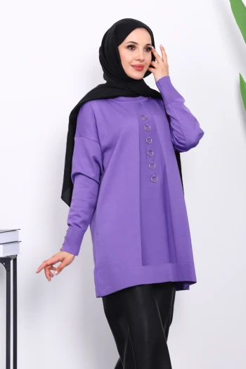 Mor Ön Detaylı Soğuk İplik Triko Tunik