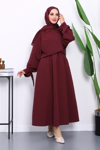 Mürdüm Bel Lastikli Kemerli Trenç Elbise