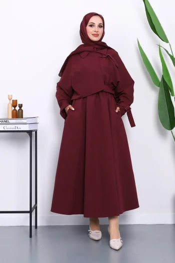 Mürdüm Bel Lastikli Kemerli Trenç Elbise