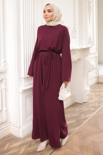 Mürdüm Bisiklet Yaka Bel Kuşaklı Elbise
