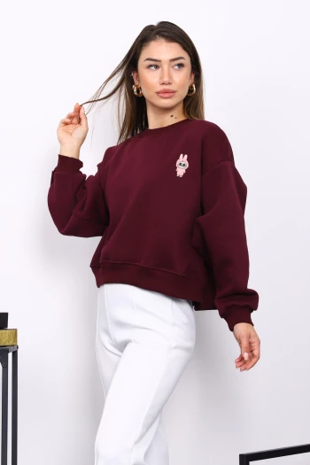 Mürdüm Bisiklet Yaka Nakışlı Üç İplik Kısa Oversize Sweat