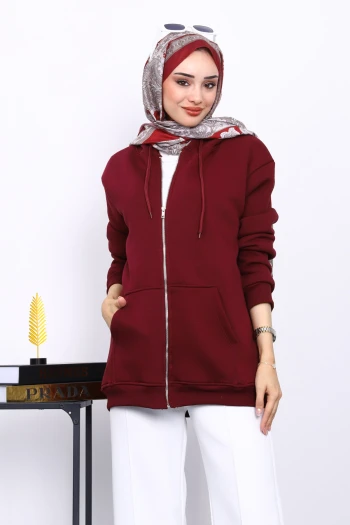 Mürdüm Cepli Fermuarlı Üç İplik Kapşonlu Sweat