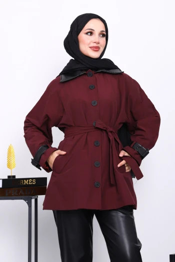 Mürdüm Deri Detaylı Kuşaklı Trençkot