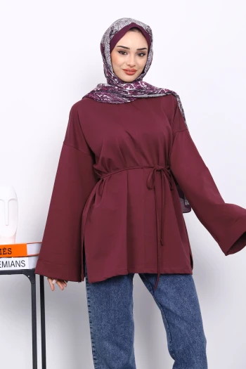 Mürdüm Dikiş Detaylı Yanları Yırtmaçlı Sweatshirt