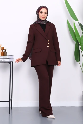 Mürdüm Düğmeli Ceket Pantolonlu Takım