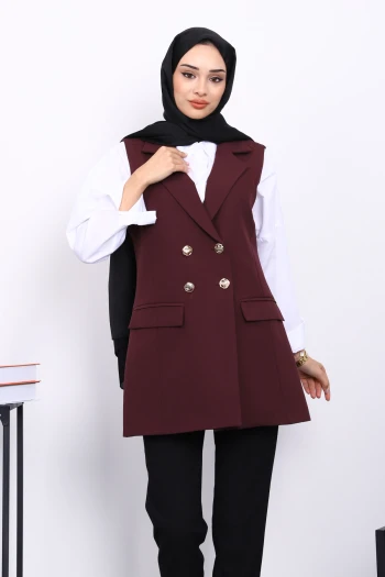 Mürdüm Düğmeli Cepli Yelek