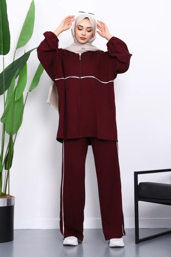 Mürdüm Fermuarlı Sweat Pantolonlu Modal Takım