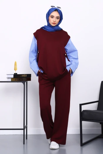 Mürdüm Garnili Tunik Pantolonlu Modal Takım