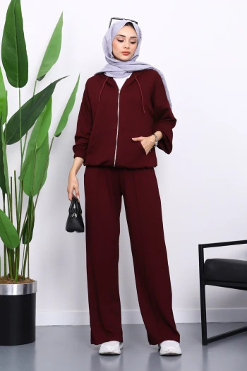 Mürdüm Kapşonlu Fermuarlı Kanguru Cepli Modal Takım