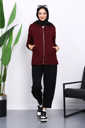 Mürdüm Kapşonlu Fermuarlı Modal Sweat Hırka