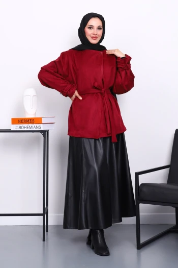 Mürdüm Kol Apoletli Astarlı Süet Ceket