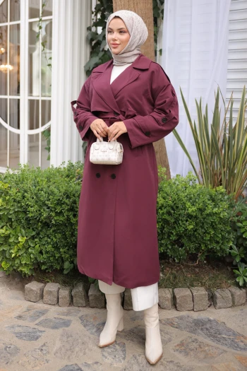 Mürdüm Kruvaze Yaka Bel Kuşaklı Trençkot