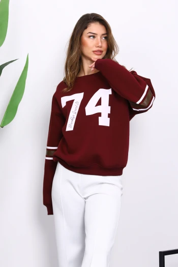 Mürdüm Ön Ve Kol Baskılı Üç İplik Sweat