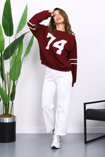 Mürdüm Ön Ve Kol Baskılı Üç İplik Sweat