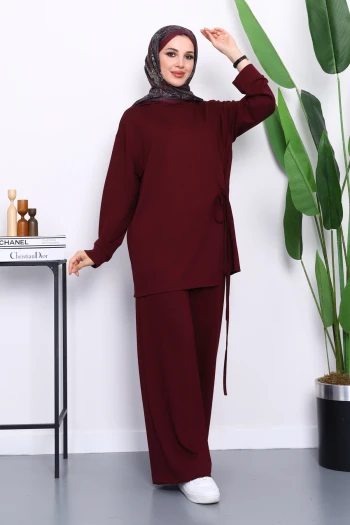 Mürdüm Yan Bağlamalı Tunik Pantolonlu Modal Takım