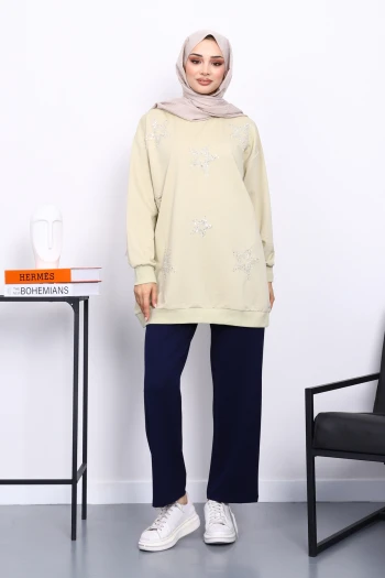 Olive Bisiklet Yaka Taşlı Modal Sweatshirt