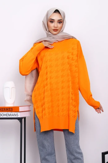 Oranj Kazayağı Desenli Soğuk İplik Triko Tunik