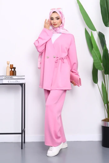 Pembe Bağlama Detaylı Tunik Pantolonlu Takım