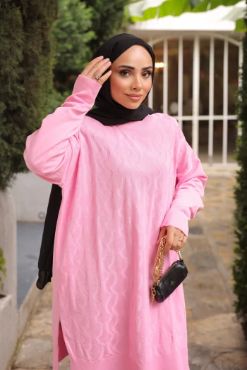 Pembe Bisiklet Yaka Soğuk İplik Triko Tunik