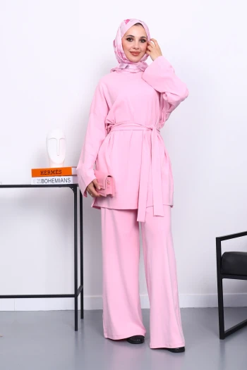 Pembe Bisiklet Yaka Yan Yırtmaçlı Takım