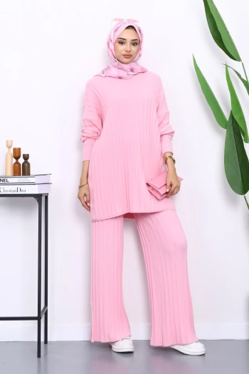 Pembe Fitilli Yumoş Tunik Pantolonlu Takım