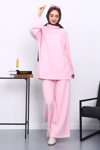 Pembe Kol Düğme Detaylı Tunik Pantolonlu Takım