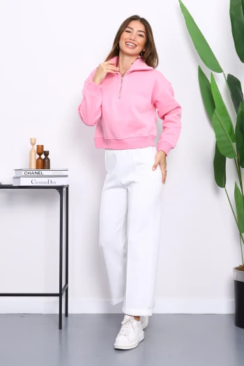 Pembe Önü Fermuarlı Üç İplik Crop Sweat
