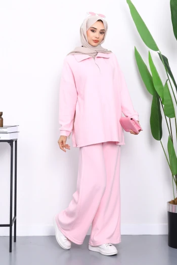 Pembe Yaka Fermuarlı Tunik Pantolonlu Fitilli Takım