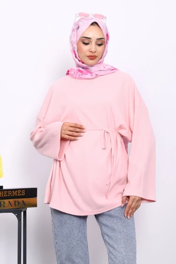 Pudra Bisiklet Yaka Bel Kuşaklı Tunik