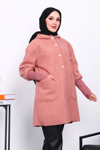 Pudra Kapşonlu Buklet Kaban