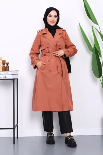 Pudra Kravuze Yaka Bel Kemerli Düğmeli Trençkot