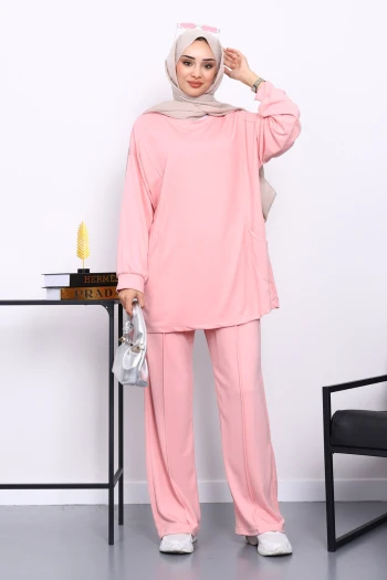 Pudra Yan Cepli Omuz Parçalı Alt Çımalı Modal Takım