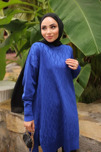 Saks Mavi Bisiklet Yaka Soğuk İplik Triko Tunik