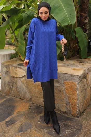 Saks Mavi Bisiklet Yaka Soğuk İplik Triko Tunik