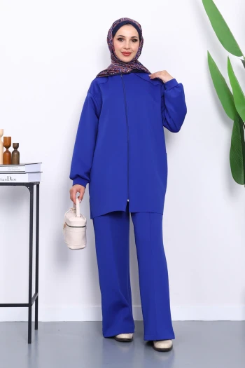 Saks Mavi Fermuarlı Tunik Pantolonlu Takım