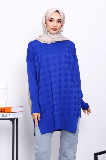 Saks Mavi Kazayağı Desenli Soğuk İplik Triko Tunik