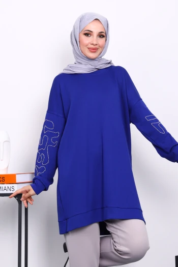 Saks Mavi Kolu İşlemeli Modal Tunik