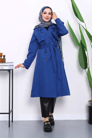 Saks Mavi Kravuze Yaka Bel Kemerli Düğmeli Trençkot