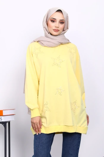 Sarı Bisiklet Yaka Taşlı Modal Sweatshirt