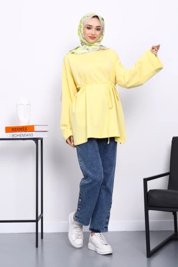 Sarı Dikiş Detaylı Yanları Yırtmaçlı Sweatshirt