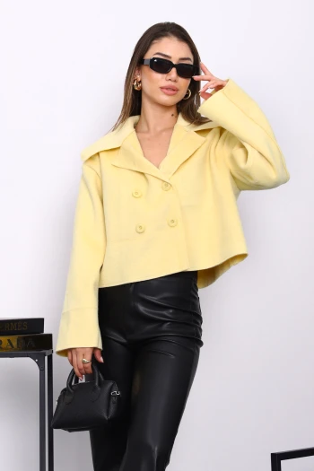 Sarı Kısa Düğmeli Kaşe Ceket