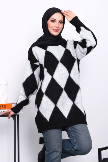 Siyah Baklava Desenli Triko Kazak