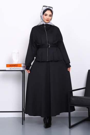 Siyah Bel Detaylı Ceket Etekli Scuba Takım