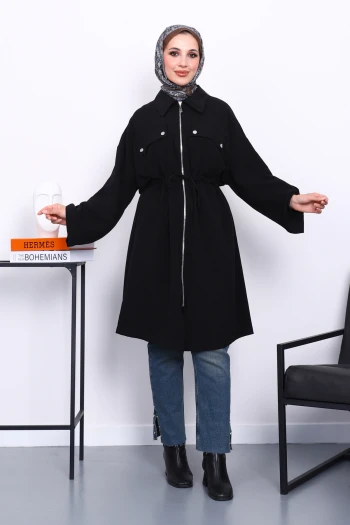 Siyah Bel Kuşaklı Çift Cepli Gabria Kap